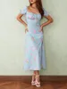 Casual jurken dames Boheemse bloemenprint lange mouw midi jurk boho kanten vierkante kraag split zomer streetwear