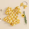 Roupas conjuntos de roupas para garotas roupas de verão Daisy Impressão de manga curta vestido de macacão Shirred com bandeira do arco 2 peças definidas por 0-18 meses