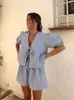 Kvinnliga modeplädet shorts Set Casual Vneck Puff Short Sleeve Pet Shirt Suit Summer Lady Loose Elastic Midj Outfits 240508