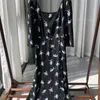 Vestidos casuais 2024 Primavera Summer Summer Women Square Dress Dress Black Viscose Slit Ballet Angel Print Ladies Midi Robe