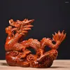 Dekorativa figurer 2024 Zodiac Dragon Wood Carved Ornament Office Decoration Crafts Toy Desktop Miniature Chinese Style Animal Statues
