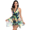 Women's Swimwear One Pieces Swimsuit For Women Halter Top Backless Floral Print Gauze Skirt Swimsuits Large Size