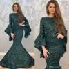 2020 Robes de soirée de sirène vert foncé paillettes à manches longues Robes de bal pour Dubaï Femmes Ousue Forme Robes de bal Vestido de Fiesta Abendkl 337T