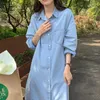 Abiti casual coreani chic primaverili semplici collare a turno vintage a petto singolo vestito camicia sciolta lungo denim per donne