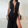 Robes décontractées d'été sexy de profondeur V-collier divisé longue robe longue 2024 femmes élégants manches sans manches