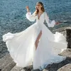 Lorie Beach Chiffon Wedding Dresses White Long Puffy Sleeve V-Neck High Slit Bridal Gowns Open Back Wedding Party Dresses 285n