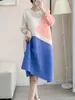 Casual Dresses YUDX Miyake Color Block Loose Pleated Dress For Women O-neck Long Sleeve Printing Female Elegant Clothing 2024 Spring