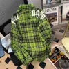 2024 Strip Stripe High Street American Green Green Hiphop Dequered Shirt Coat Women’s Autumn Loose Long Sleeved Top