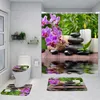 Rideaux de douche zen rideau de douche ensemble violet orchidée noire en pierre noire verte jardin jardin décor de salle de bain décoration de baignoire non glissée tapis de bain couvercle de toilette