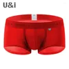 Cueca ui roupas íntimas masculinas masculinas de nylon fino personalidade simples de personalidade intermediária de cintura U-Convex 3D de quatro cantos da cintura