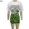 HLJ Fashion Y2K Streetwear Frauen Muster Druck runden Nacken Kurzarm T -Shirt und Miniröcke zweiteilige Sets Sommer 2pcs Outfits 240508