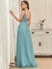 Festklänningar Elegant kvällslång spetspärlor Vneck ärmlös 2024 Ever Pretty of Dusty Blue Simple Backless Prom Women