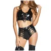 Lingerie amusante, chaîne de cuir brevetée noire de la femme sexy avec ensemble de lingerie en deux pièces