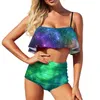 Swimwwear Women Sexy Green Galaxy Bikini maillot de bain coloré imprimé haut de taille haut ensemble de plages à volants