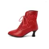 Boots White Red Femmes Victorien Point Point Ankle PU Le cuir brodé Lacets Punk Cross-Tied Kitten High Heel Shoes plus taille