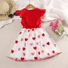 Girl Dresses Kids Dress 4-7 Years Red Wing-Sleeve Heart Pattern Patchwork Tulle Baby Birthday Party Festival Costume