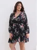 Plus Size Women Blumendruck Chiffon sexy gegen Nacken aus Langarmleid Kleid weibliche elegante Partykleider Großhandel Drop 240420