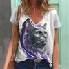 Женская одежда летняя женская кошка V-образное вырезок удобная повседневная футболка 3D цифровое принт топ The Tshirts Дизайнер Женский Рубашка с короткими рукавами Qaiu