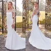 Modern White Satin Boho Mermaid Wedding Dresses Square Neck Sexy Illusion Long Sleeves Lace Applique Elegant Bridal Gowns Buttons Back 276E