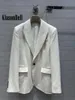 Women's Suits 4.24 KlasonBell Beading Chain Linen Mid-Length Jacket Women Clothes White Temperament Single Button Straight Blazer