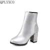 QPlyxco NUEVA VENTA Rusos Botas de tobillo cálidas grandes tamaño pequeño 31-50 Mujeres botas cortas Bling Zipper Tacones de boda T3-2