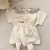 Vêtements à carreaux à col Navy Baby Navy Set Enfants Enfants à manches courtes sur les courts métrages 2 PCS pour garçons Girls Infant tenues 240507