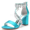 Sandalen Bling Strasssteine Ketten Chunky Ferse Offene Zehenkristalle Pink Blue Green Satin Dicke Hochzeitsaberchen