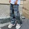 Cyber ​​Y2K streetwear workowane w stos dżinsowe spodnie Mężczyźni ubrania proste punk. Wiele kieszeni dżinsowe spodnie Pantalon Homme 240511