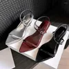 Casual Shoes Silver Leather Thin Strap Women Sandals Chic Design Round Heels Beach Summer Wine Red Prom Party Lady Sandalias Femmes