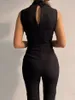 Kvinnors ärmlös jumpsuit fast färg övergripande bodysuitkläder kontorsstil v-ringning snörning jumpsuits höga midjebälte byxor 240511