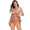 Women's Swimwear One Pieces Swimsuit For Women Halter Top Backless Floral Print Gauze Skirt Swimsuits Large Size