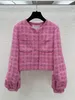 jaqueta feminina rosa tweed lanterna de lanterna redonda pescoço curto 240423