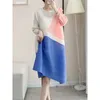 Casual Dresses YUDX Miyake Color Block Loose Pleated Dress For Women O-neck Long Sleeve Printing Female Elegant Clothing 2024 Spring