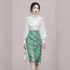 Work Dresses Fashion Office Two Piece Suit For Women Chic Lace Beading Stand Collar White Blouse Shirt Top Flower Print Pencil Skirt Set
