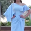 Parti Elbiseleri Varış SPANDEX V Boyun Müslüman Elbise Vestidos Abendkleider Sky Mavi Prom Uzun Akşam Elbise