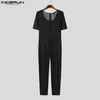 Men's Pants INCERUN Sexy Style Bodysuits Flash Fabric Mesh Perspective Design Jumpsuits Casual Large U-neck Short Sleeve Rompers S-5XL