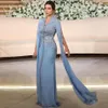 Blue bleu marocain Caftan Mère de la mariée Robes V Sage de cou de cou Muslim Robes d'invités de mariage élégant Dubaï Dubaï Robe formelle 289Q