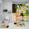 Rideaux de douche zen rideau de douche ensemble violet orchidée noire en pierre noire verte jardin jardin décor de salle de bain décoration de baignoire non glissée tapis de bain couvercle de toilette