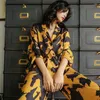 Home Clothing Satin Silk Pajamas For Women 2 Pieces Set Spring Autumn Loungewear Abstract Printed Gold Black Sleepwear Can Be Worn Outside