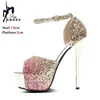 14cm Lady Bling Sandalet 4cm Platform Seksi Peep Toe Süper Yüksek Topuklu Gradyan Renkli Yaz Kadınlar Stilettos Altın Kutup Dans Ayakkabı 240429