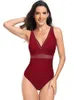 Kvinnors badkläder 2024 Solid Color Swimsuit Sexig Deep V-ringning Cinching Bikini Kvinnor En bit Svart Hight Midjad baddräkter
