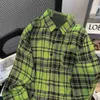2024 Strip Stripe High Street American Green Green Hiphop Dequered Shirt Coat Women’s Autumn Loose Long Sleeved Top