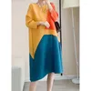 Vestidos casuais Yudx Miyake Bloco de cores vestido plissado solto para mulheres O-pescoço de palha comprida impressão feminina de roupas elegantes 2024 Spring