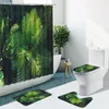 Shower Curtains Tropical Green Plant Palm Leaf Curtain Flamingo Flower Non-Slip Flannel Rug Toilet Cover Bath Mat Bathroom Set Home Decor