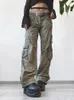 Frauen Jeans Weiyao American Retro Grey Low Taille Y2K Denim Cargo Hosen Frauen Multi-Pockets genäht Vintage 90s Straight Leg Street genäht