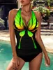 Swimwear féminin Summer Orange Fluorescent Big Butterfly Print Hanging Neck One Piece Sexy Beach Set S-5XL