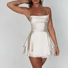 Vestidos casuais brancos Cross Cross Backless Sexy Cetim Spaghetti Strap Mini Dress for Women Summer Roughed Short Prom Nightclub