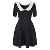 Summer Black Contrast Color Ribbon Tie Bowknot Dress Kort ärm Peter Pan Neck Panelerade korta avslappnade klänningar Y4W09233001