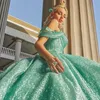 Green Shiny Off The Shoulder Quinceanera Prom Dresses Princess Applique Flower Glitter Sweet 16 Dress Vestidos De 15 Anos