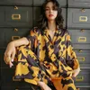 Home Clothing Satin Silk Pajamas For Women 2 Pieces Set Spring Autumn Loungewear Abstract Printed Gold Black Sleepwear Can Be Worn Outside